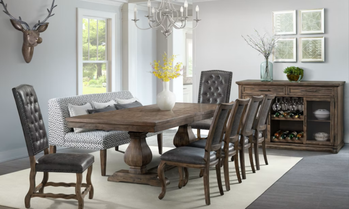 gramecy brown table 2 leafs and 6 square uph back chairs and bench new hostess chairs