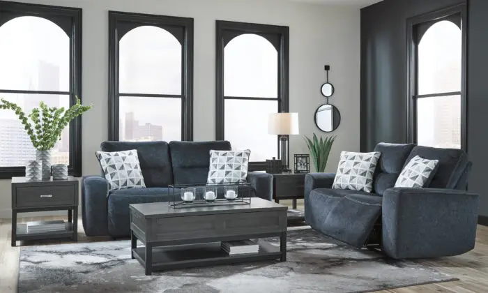 2 piece living room sets that are upholstered, blue, with reclining