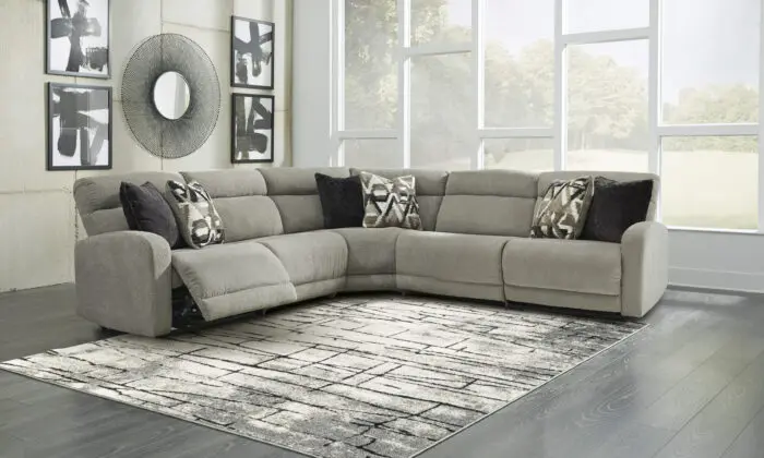 Plush stone-tone polyester sectional sofa with 5 pieces, including two armless chairs, left and right-arm facing zero wall power recliners, and a wedge. One-touch power control with adjustable positions and zero-draw USB plug-in for convenience. Corner-blocked frame with metal reinforced seat, attached back and seat cushions, and high-resiliency foam cushions wrapped in thick poly fiber for durability and comfort. Zero wall design requires minimal space between wall and chair back. Power cord included; UL Listed.