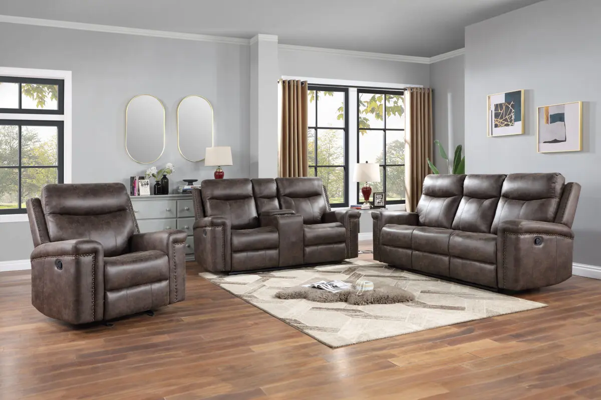 Quade 2-Piece Living Room Set featuring a console loveseat and sofa, upholstered in rich mocha polyester with glider recliners and built-in cupholders, providing luxurious comfort and functionality.