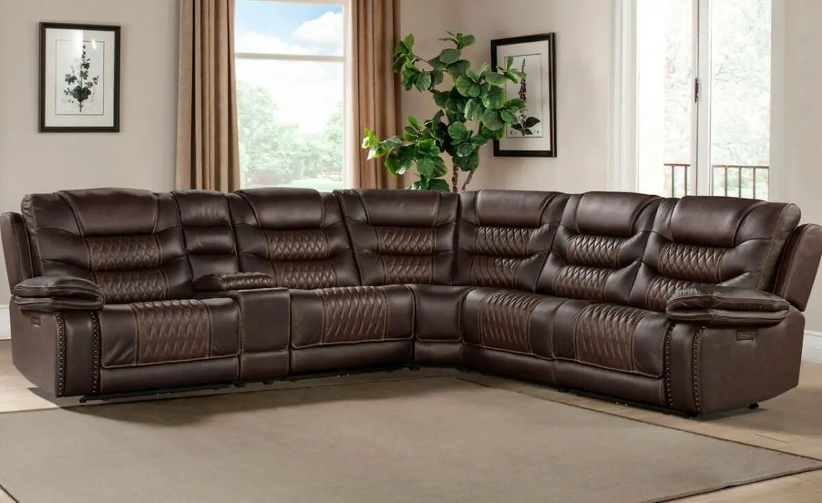 5752 Sectional Living Room Set upholstered in top grain leather, featuring dual-power recline and power headrests, with USB plug-ins and a durable pine and plywood frame