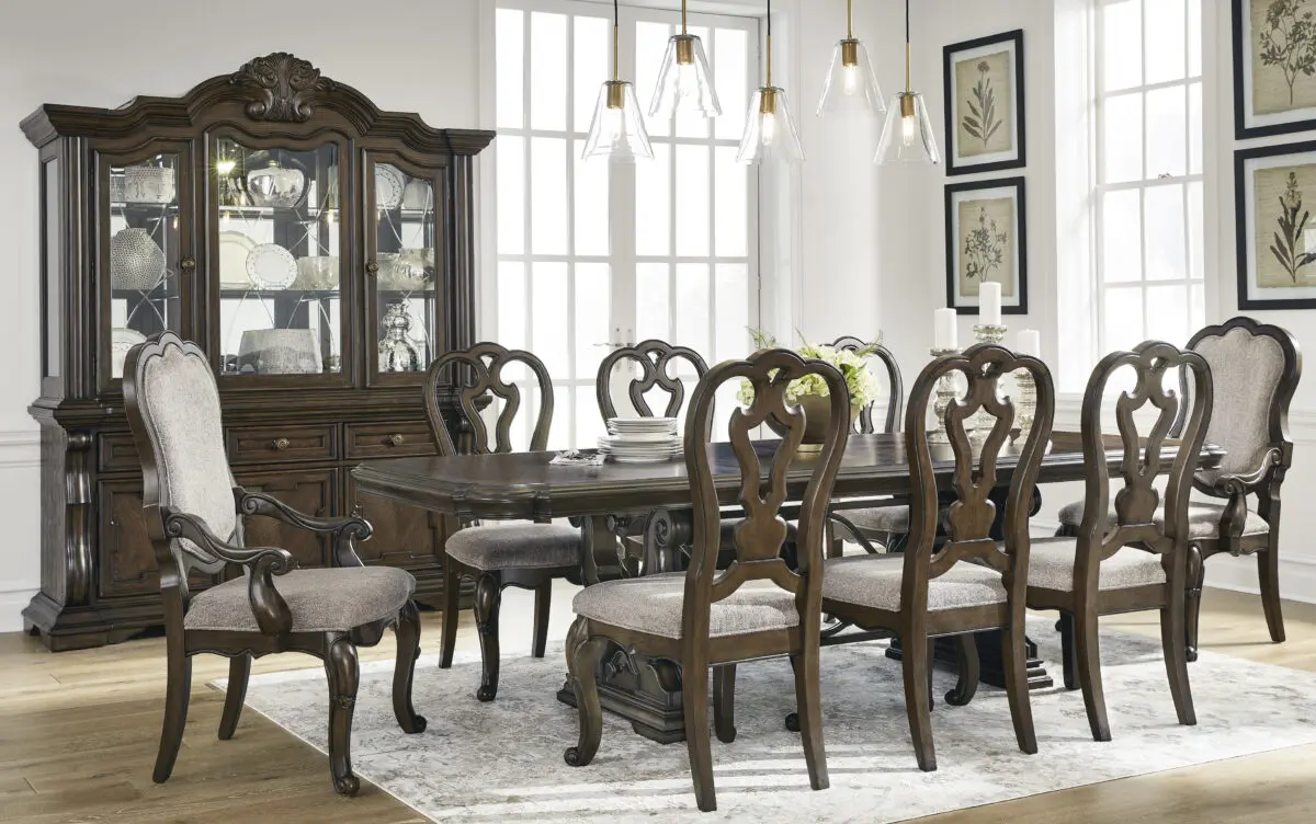 Maylee 9 Piece Dining Room Set with Double Pedestal Table and Ornate Chairs