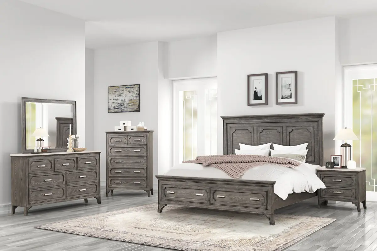 Lisbon 6 Piece Bedroom Suite in Gray with Storage Bed, Dresser, Mirror, Nightstands