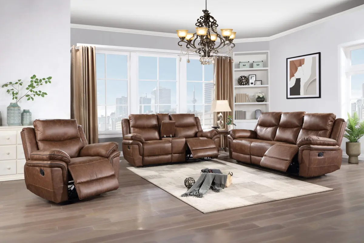 Ryland 2 Piece Living Room Set in rich brown fabric with console loveseat and cupholders