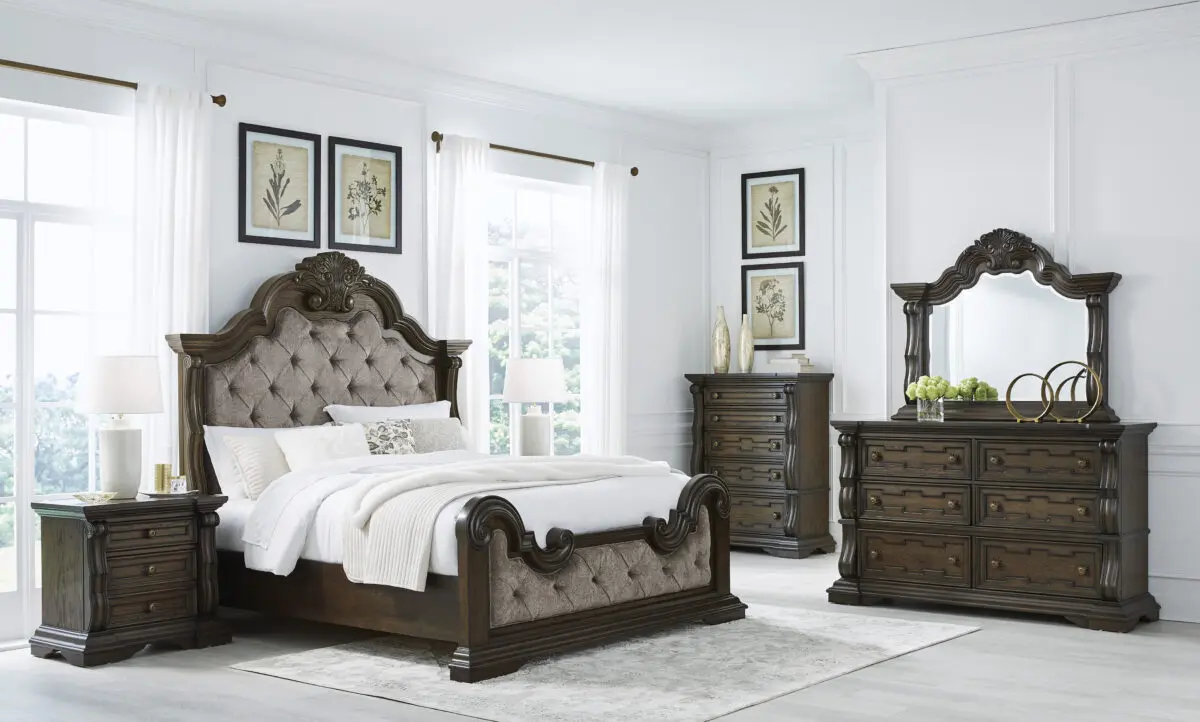 Alt Text for Images: Maylee 6 Piece Bedroom Set in dark brown with ornate details and button-tufted upholstery.