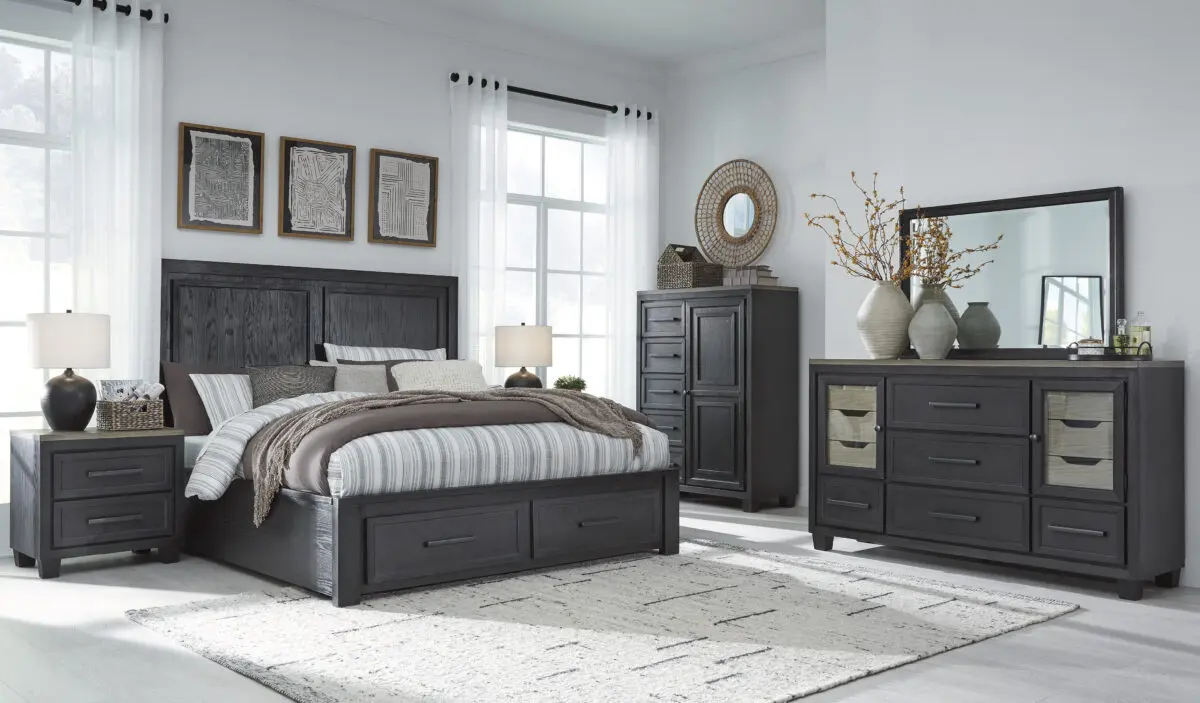 Foyland 6 Piece Bedroom Set with two-tone finish and storage bed