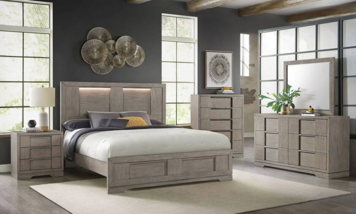 Kellis 6 Piece Bedroom Set with LED headboard, dresser, mirror, and nightstand in a modern gray finish.