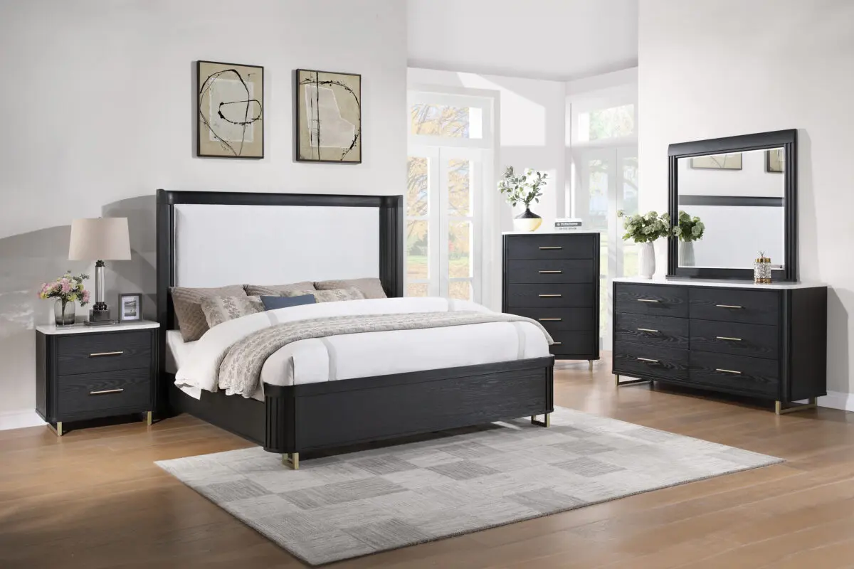 Midtown Onyx 6 Piece Bedroom Set – modern black and gold furniture with upholstered headboard.