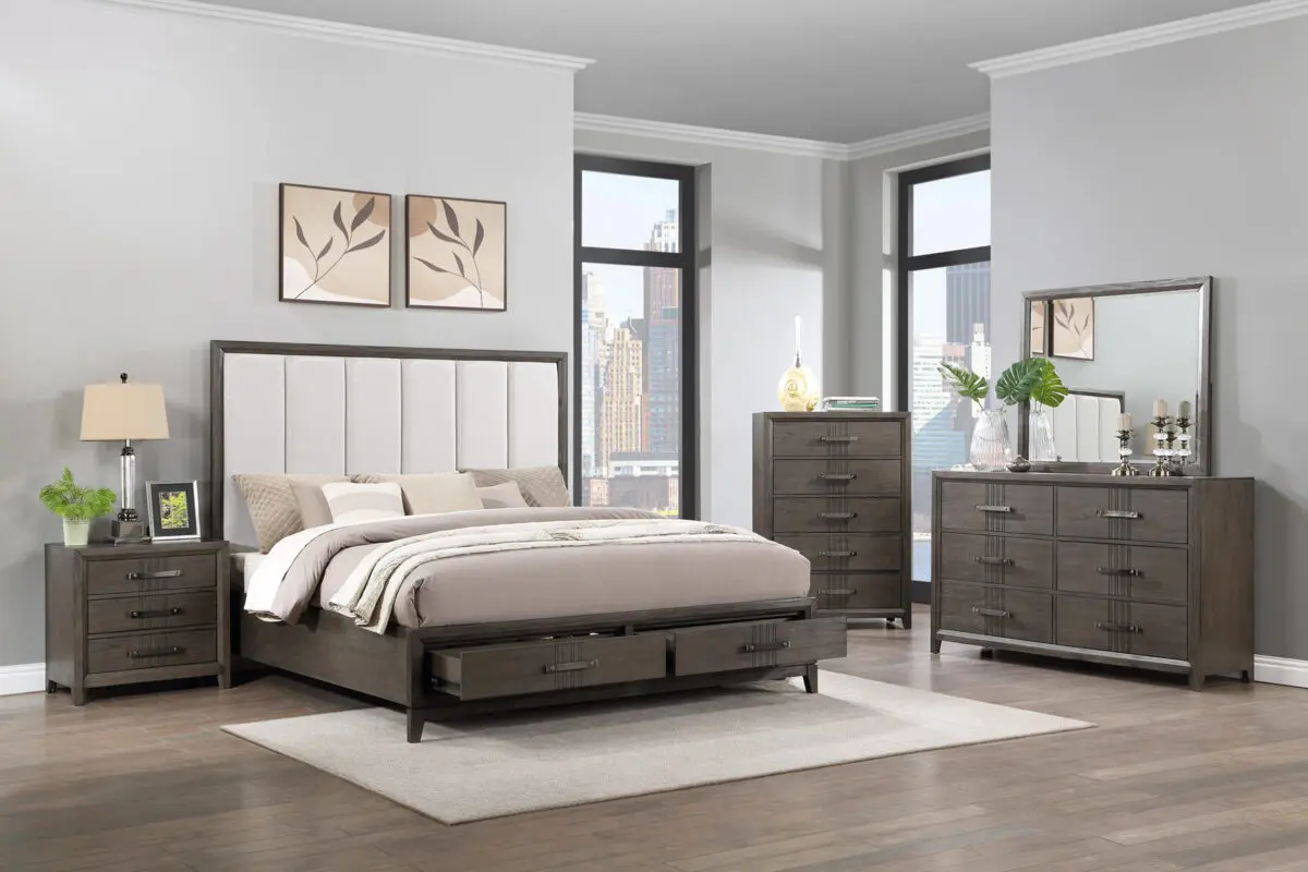 6-Piece Bedroom Set with platform storage bed, dresser, mirror, and nightstand in walnut finish.