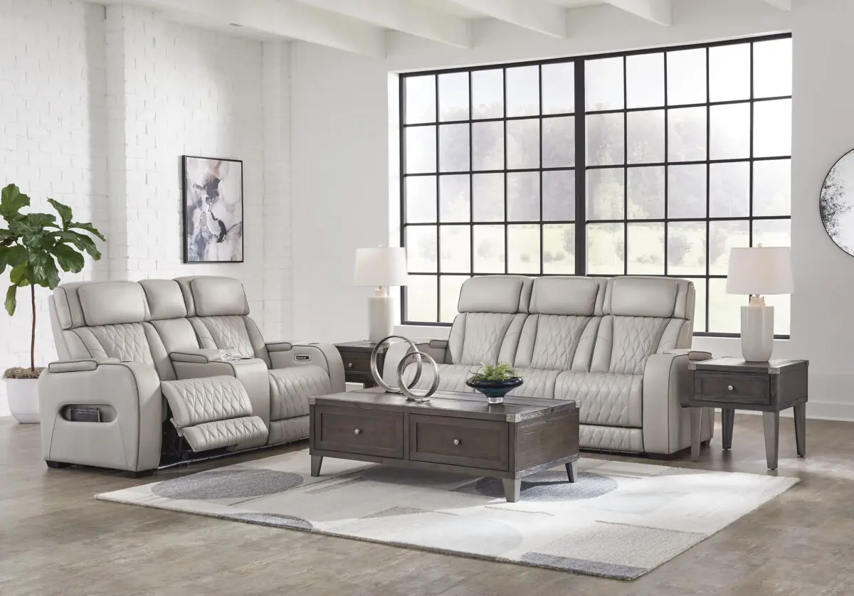 Boyington-Gray 2 Piece Power Living Room Set with leather upholstery, power reclining, massage, and LED lighting