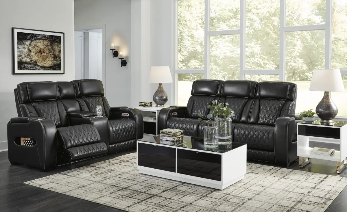 Boyington-Black 2 Piece Power Living Room Set with black leather upholstery, power reclining, massage, and LED lighting