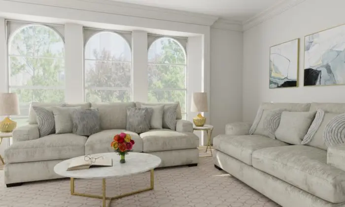 Modern living room with Captiva sofa and loveseat in soft gray fabric