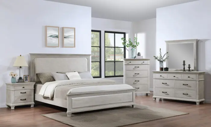 Silver Sands gray 6 piece bedroom set with padded bed, dresser, mirror and nightstand