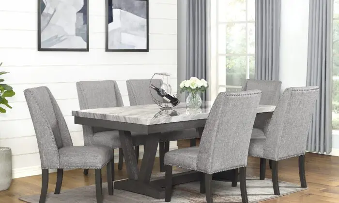 Sterling Gray 7-piece dining set with marble-look table and six gray upholstered chairs