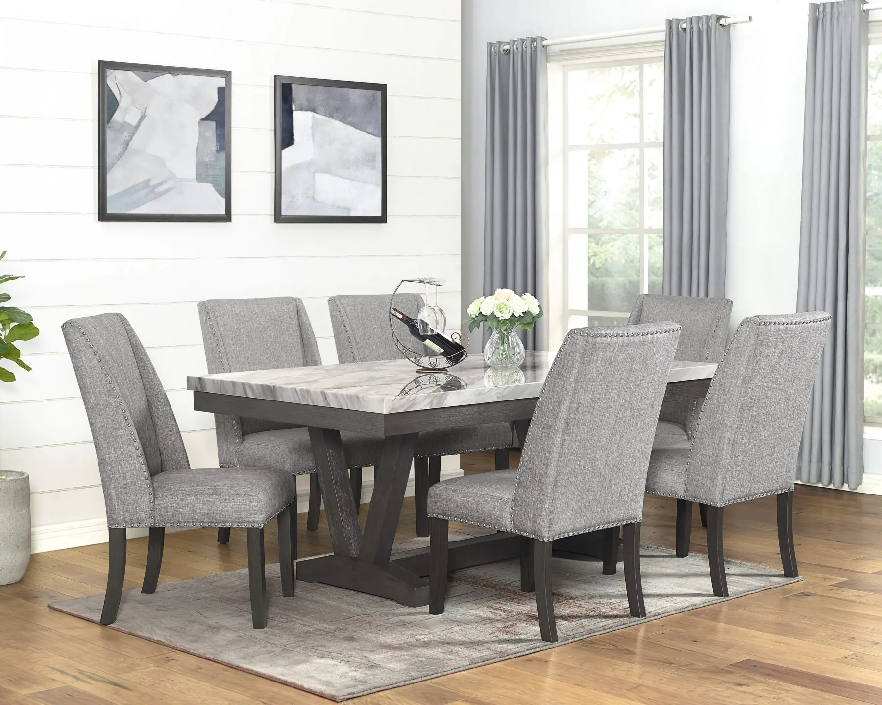 Sterling Gray 7-piece dining set with marble-look table and six gray upholstered chairs