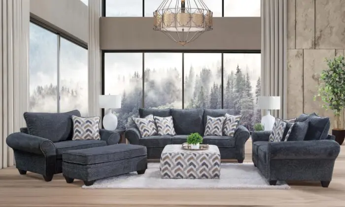 Arlington Charcoal 2 Piece Living Room Set featuring a large sofa and loveseat with chevron accent pillows.