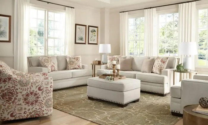 Addison Cream 2 Piece Living Room Set with sofa, loveseat, and floral pillows.