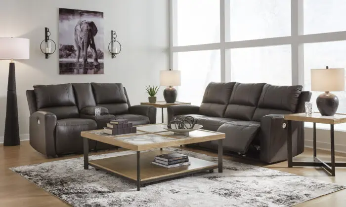 Boxmere reclining power 2 piece living room set in storm with sofa and loveseat console