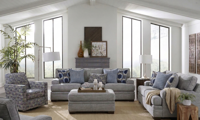 Bowie Fog 2 Piece Living Room Set with gray sofa and loveseat in a bright living room