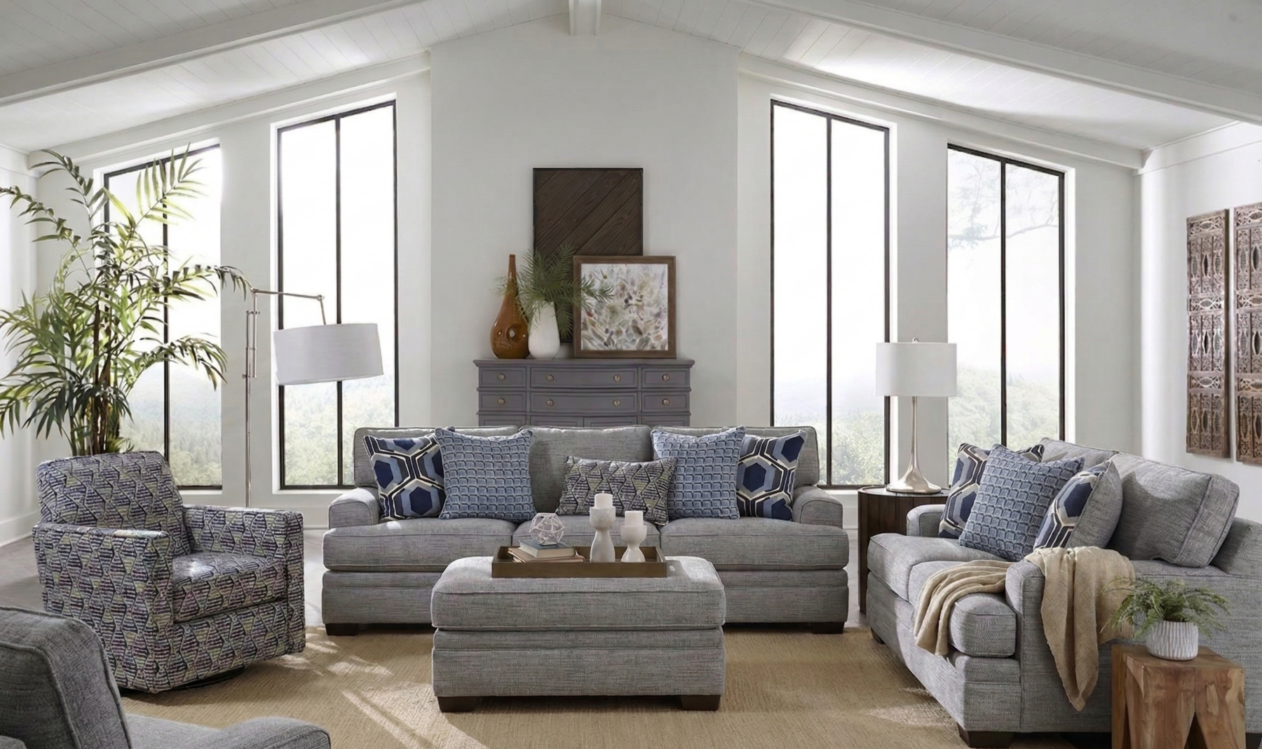 Bowie Fog 2 Piece Living Room Set with gray sofa and loveseat in a bright living room