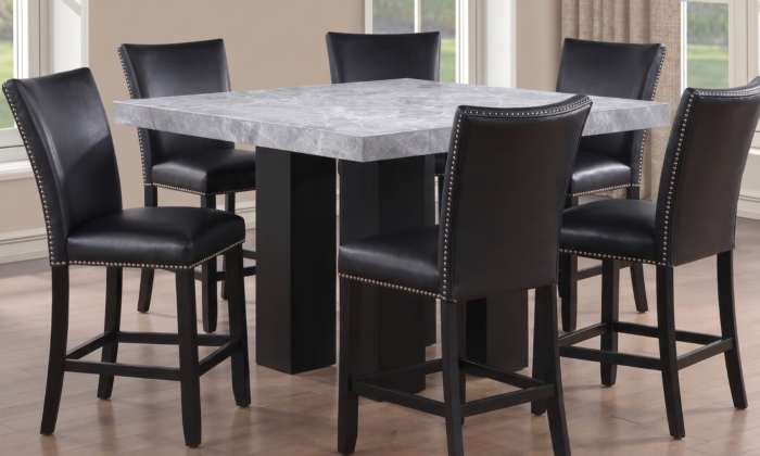 Artemis Grey 7 Piece Counter Height Dining Room Set with grey marble table and black vegan leather counter chairs.