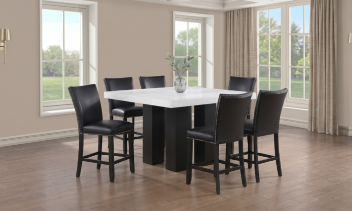 Artemis White 7 Piece Counter Height Dining Room Set with white marble table and black vegan leather counter chairs.