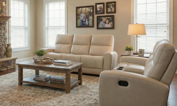 Madras Alabaster 2 Piece Living Room Set in cream leather with a reclining sofa and console loveseat.