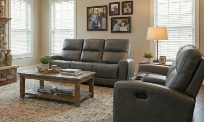 Madras Grey 2 Piece Living Room Set in genuine grey leather featuring a reclining sofa and console loveseat.
