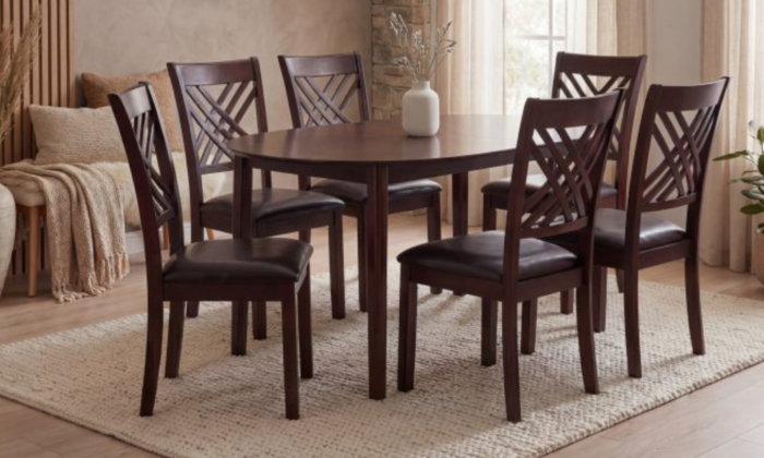 Adrian 7 Piece Dining Room Set with oval espresso table and six X-back chairs on a white rug.