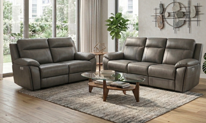 Ashland Slate Gray 2 Piece Living Room Set featuring a power reclining leather sofa and loveseat in a modern room.