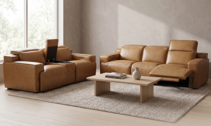 Everstone Cognac Leather Power Reclining Living Room Set with a power sofa and a storage console loveseat.