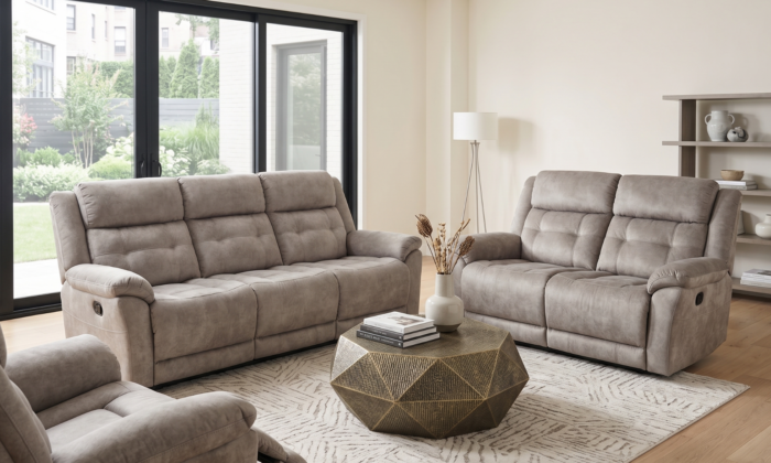 Aberdeen Taupe Reclining Living Room Set in a modern home.