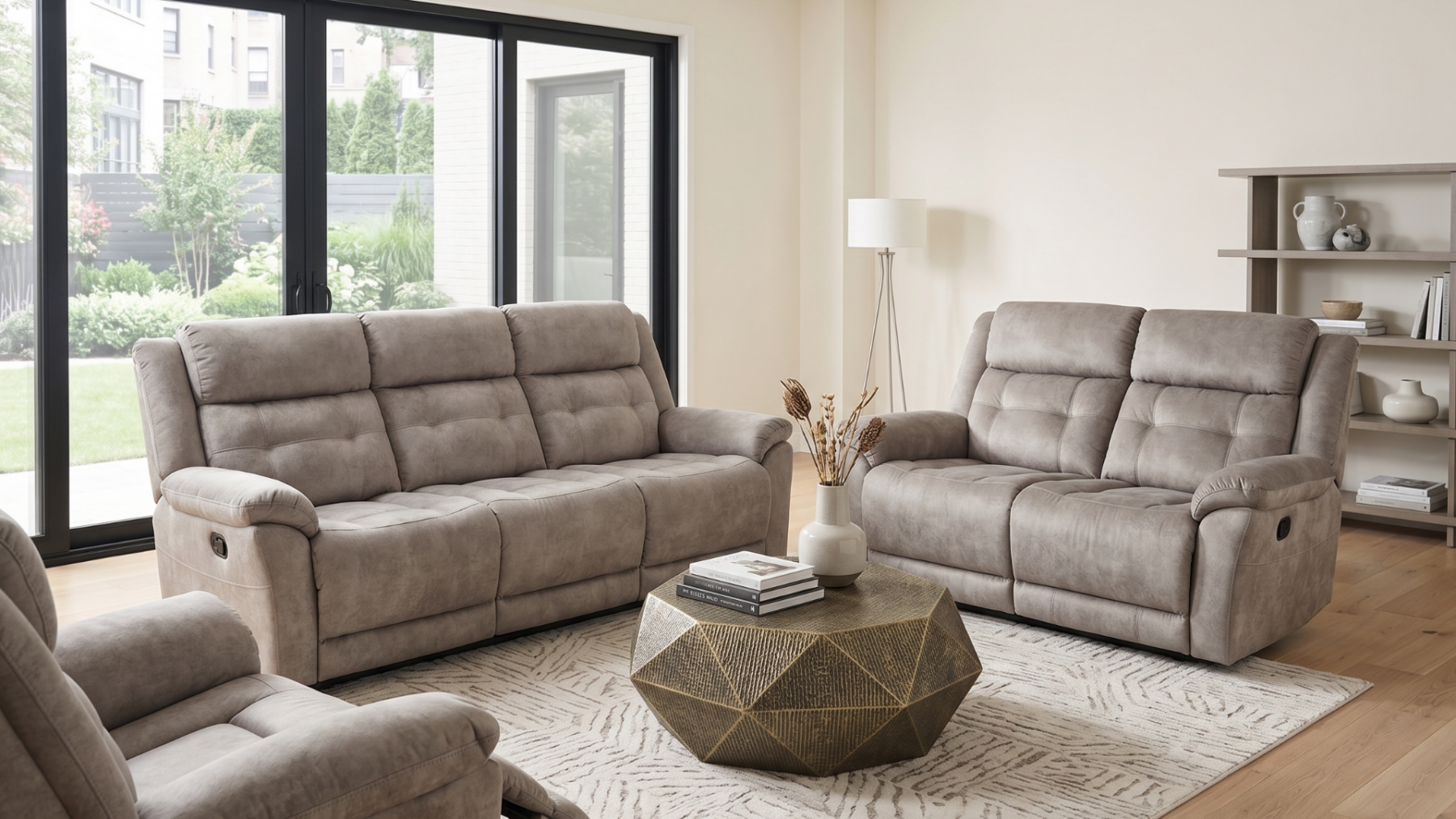 Aberdeen Taupe Reclining Living Room Set in a modern home.