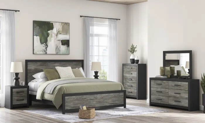 Broachmyn 6 Piece Bedroom Set in two-tone rustic gray oak and matte black finish with bed, dresser, mirror, and nightstand