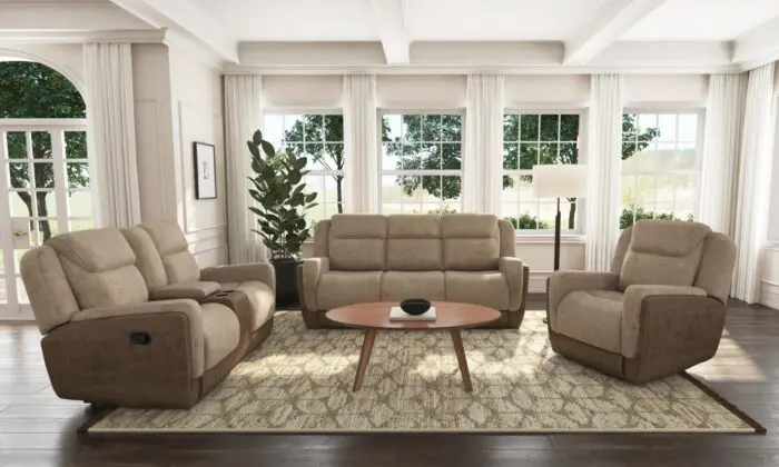 Hornet Rancho Beige Motion 2 Piece Living Room Set featuring a reclining sofa, console glider loveseat, and matching glider recliner.
