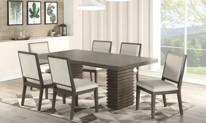 Steve Silver Mila 7-Piece Dining Room Set featuring a washed grey extension pedestal dining table and six bone linen upholstered chairs