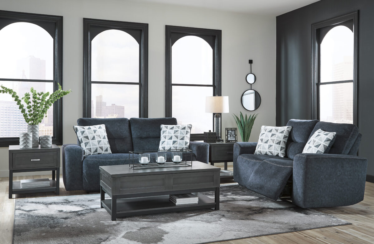 2 piece living room sets that are upholstered, blue, with reclining