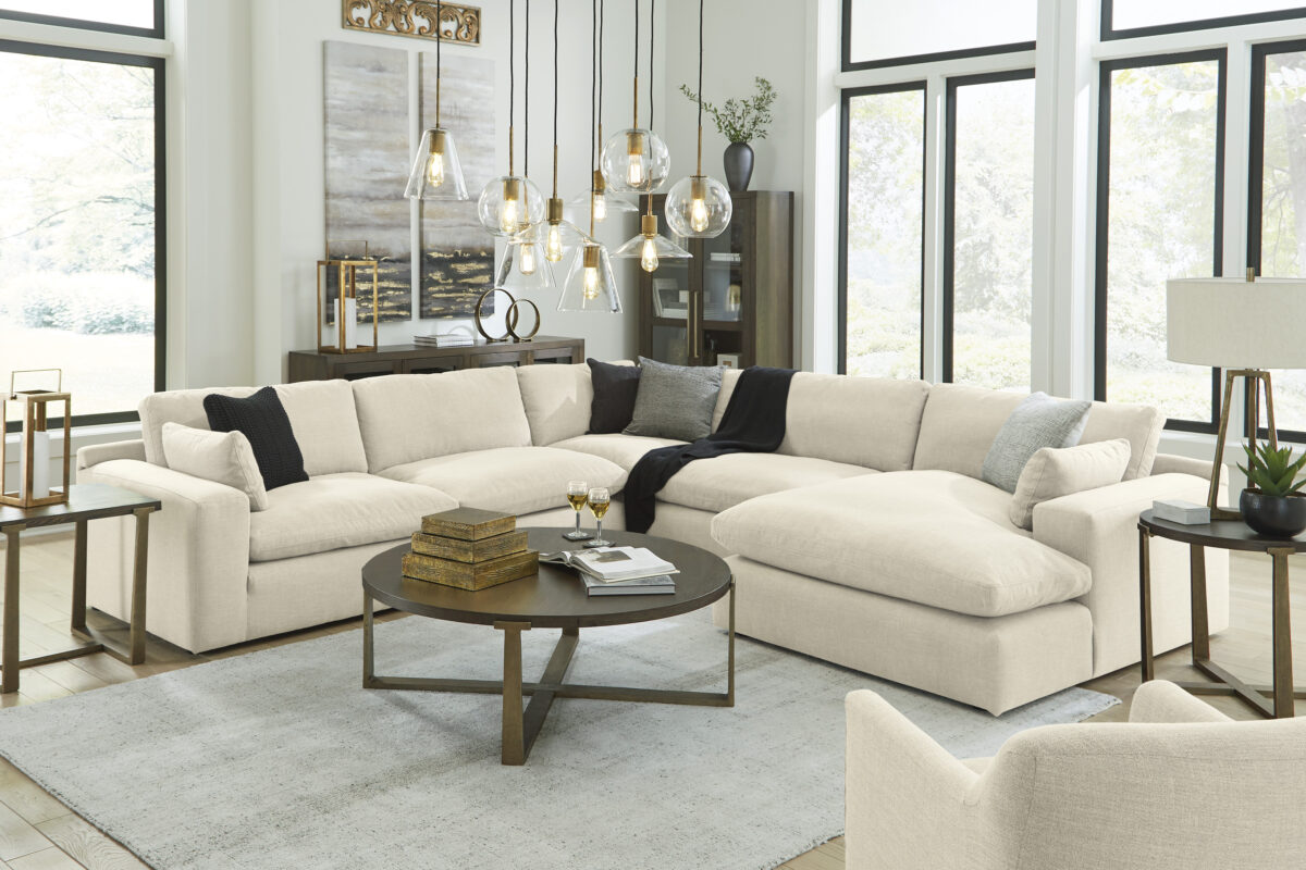 Elyza 6-Piece Sectional with Chaise in Linen, featuring left-arm facing corner chair, armless chairs, wedge, right-arm facing chaise, plush feather-filled cushions, and polyester upholstery