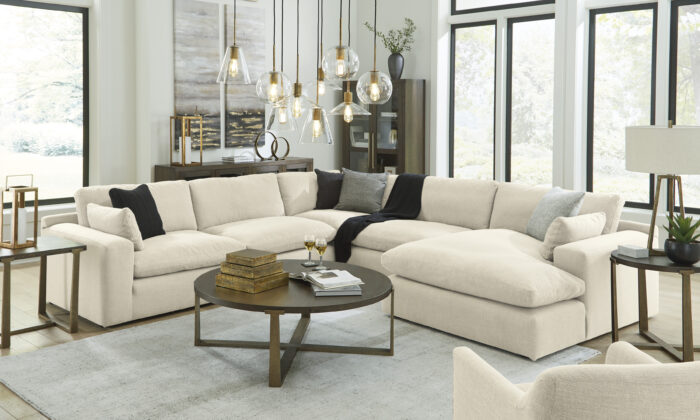 Elyza 6-Piece Sectional with Chaise in Linen, featuring left-arm facing corner chair, armless chairs, wedge, right-arm facing chaise, plush feather-filled cushions, and polyester upholstery