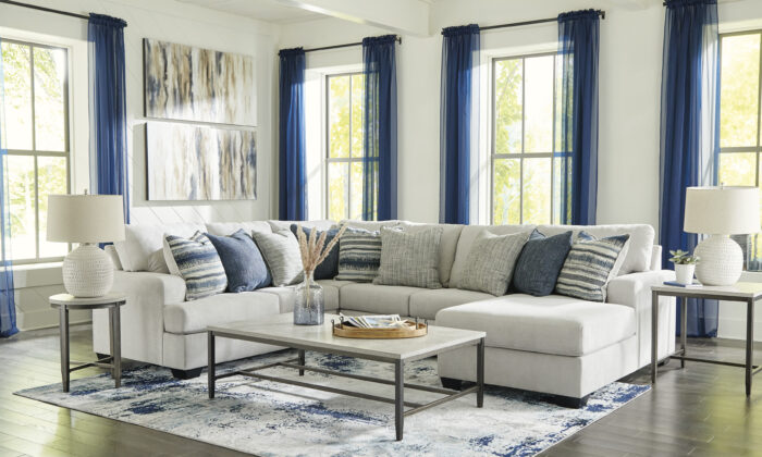 Lowder 4 Piece Sectional with Chaise in Stone Gray, includes left-arm facing loveseat, armless sofa, wedge, and reversible corner chaise, adorned with soft polyfill accent pillows