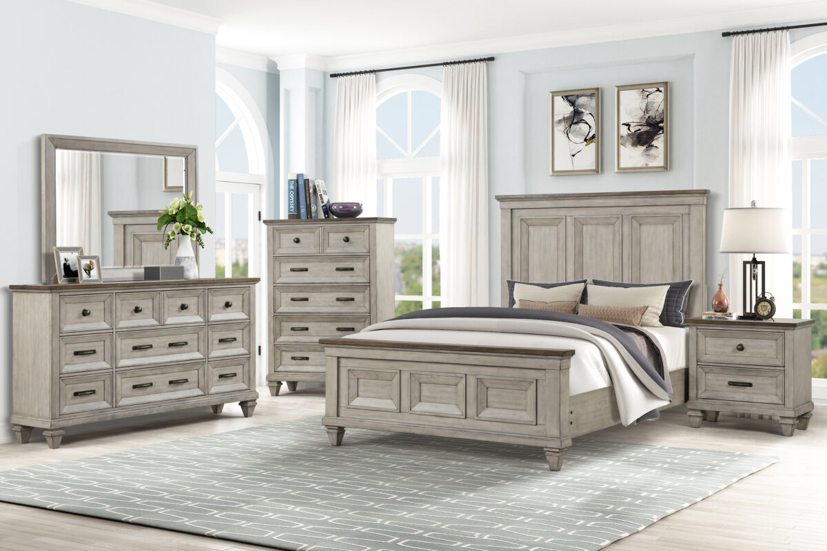 Mariana 6 Piece Bedroom Set featuring a bed, nightstand with USB ports, dresser with jewelry tray, and mirror, crafted from acacia solids and veneers in a vintage crème finish.