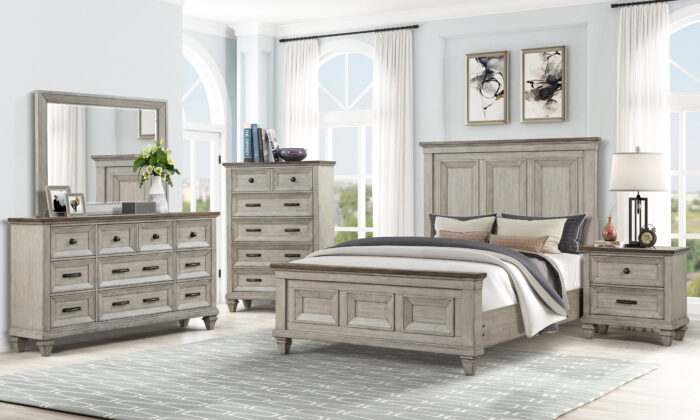 Mariana 6 Piece Bedroom Set featuring a bed, nightstand with USB ports, dresser with jewelry tray, and mirror, crafted from acacia solids and veneers in a vintage crème finish.