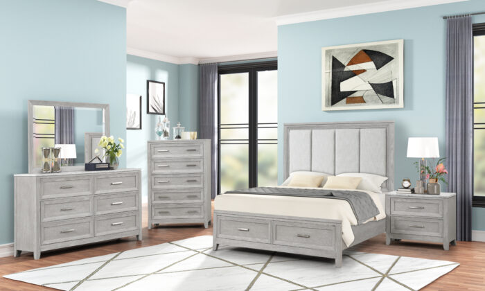 Fiona 6 Piece Bedroom Set with Acacia solids, oak veneer, and gray polyester upholstered headboard, including a headboard, footboard, rails, nightstand, dresser, and mirror with white and gray marble tops.