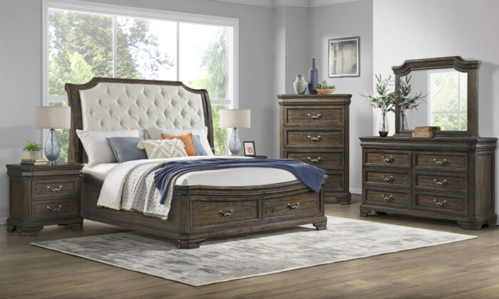 Fiona 6 Piece Bedroom Set with Acacia solids, oak veneer, and gray polyester upholstered headboard, including a headboard, footboard, rails, nightstand, dresser, and mirror with white and gray marble tops.
