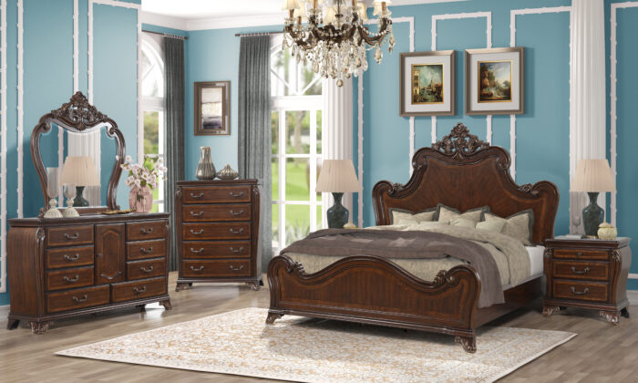 Montecito 6-Piece Bedroom Set in highlighted cherry finish, includes headboard, footboard, rails, nightstand, dresser, and mirror, featuring sophisticated French styling with contemporary proportions.