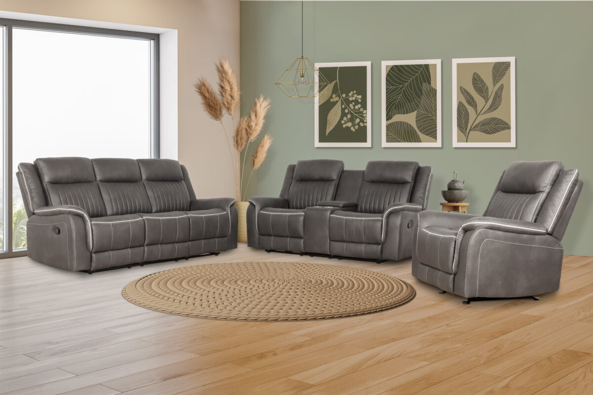 Enzo 2-Piece Living Room Set in gray, including a console loveseat and reclining sofa with suede-like polyester upholstery, white contrast stitching, and fully upholstered chaise recliner footrests.