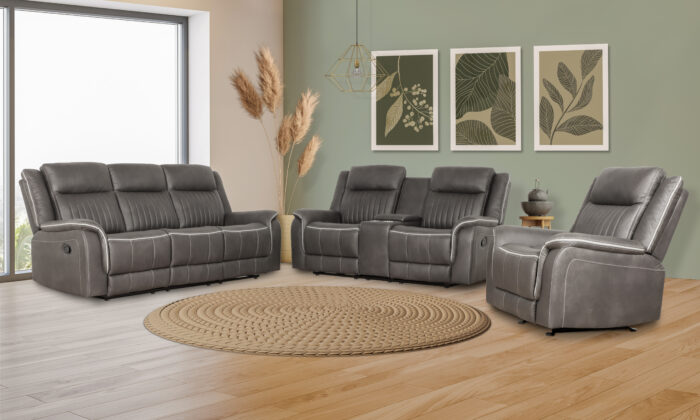 Enzo 2-Piece Living Room Set in gray, including a console loveseat and reclining sofa with suede-like polyester upholstery, white contrast stitching, and fully upholstered chaise recliner footrests.