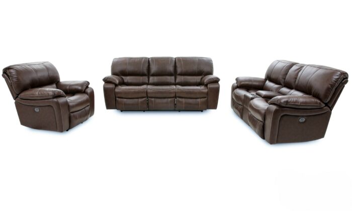 Light brown 2-piece reclining living room set with plush pillow arms and pad-over chaise seating, featuring Leggett & Platt Omega reclining mechanisms for smooth operation.