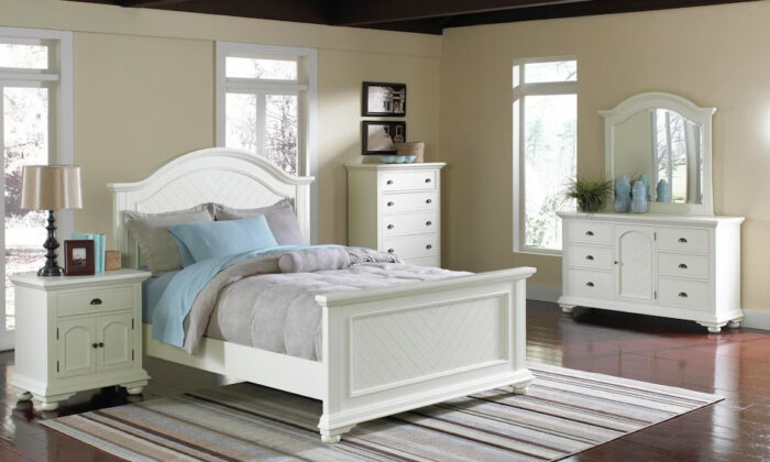 Brook White Bedroom Set with solid poplar wood framing and white lacquer finish, featuring ‘V’ shaped wood accents, hooded cap rails, bun feet, and dark coffee finished hardware.