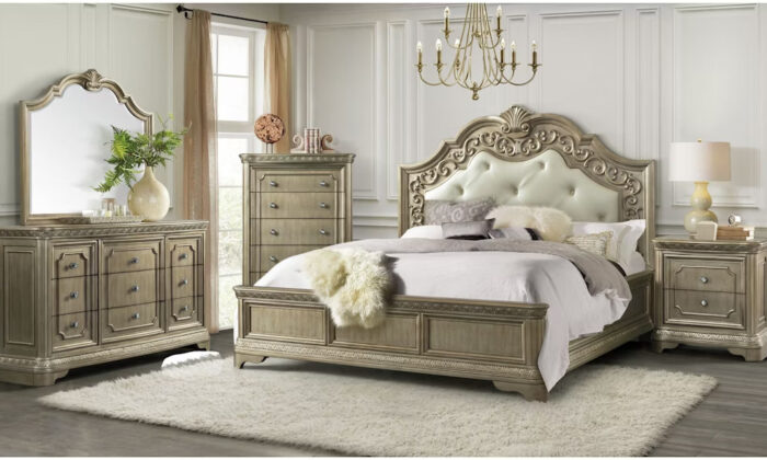 Vincenza 6 Piece Bedroom Set in champagne finish, featuring a foam-filled upholstered headboard with cream PU fabric and crystal button tufting, and crystal detailed knobs.